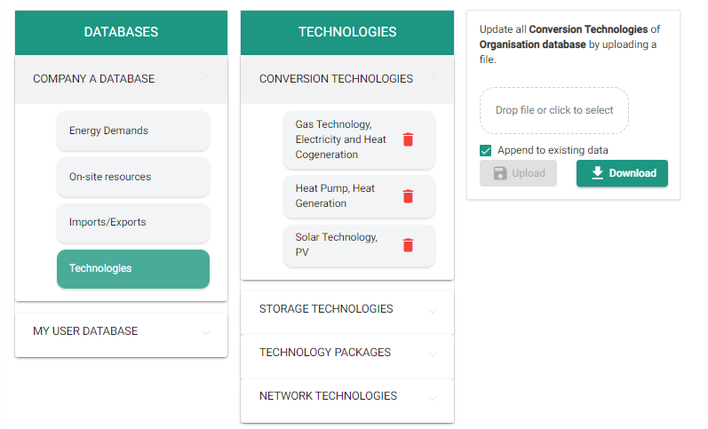 Database Center panel with the Append to existing data option