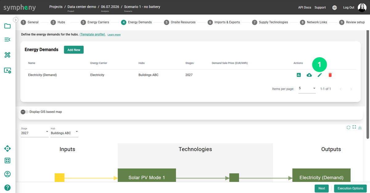 Editing an energy demand to upload a custom profile