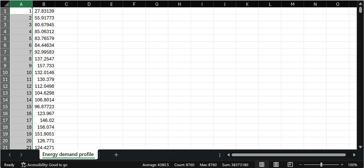 Example hourly profile spreadsheet with 8760 values