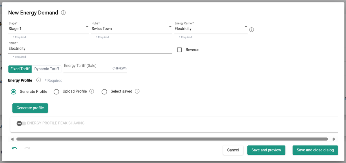 Add new energy demand dialog with profile options