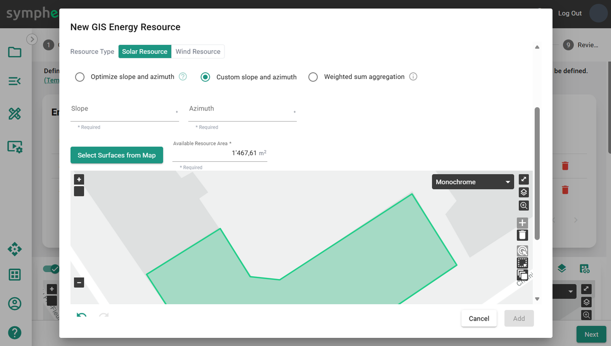 Custom slope and azimuth dialog