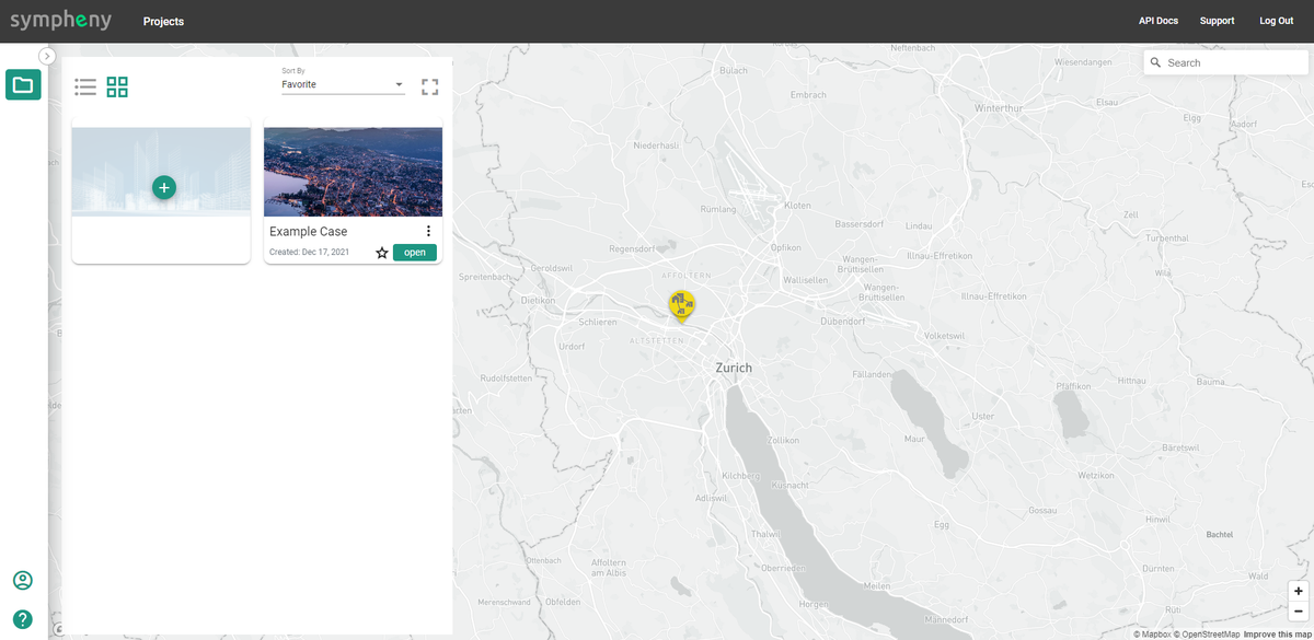 Projects page showing a geolocation view of existing projects
