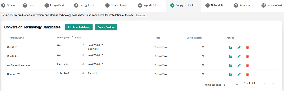 Supply technologies step in the scenario editor