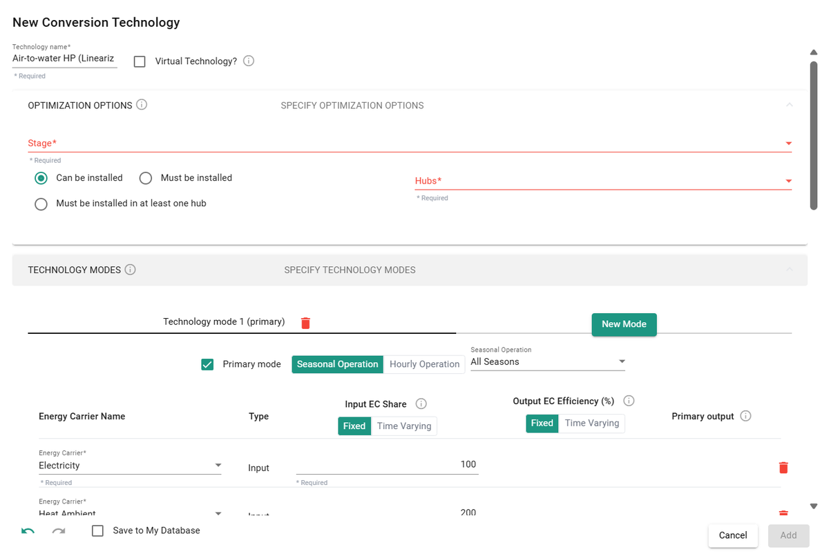 Optimization options and Add button