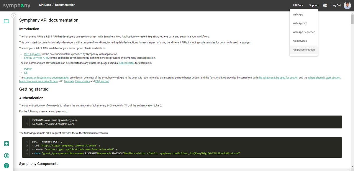 API documentation link in the Sympheny web app navigation bar